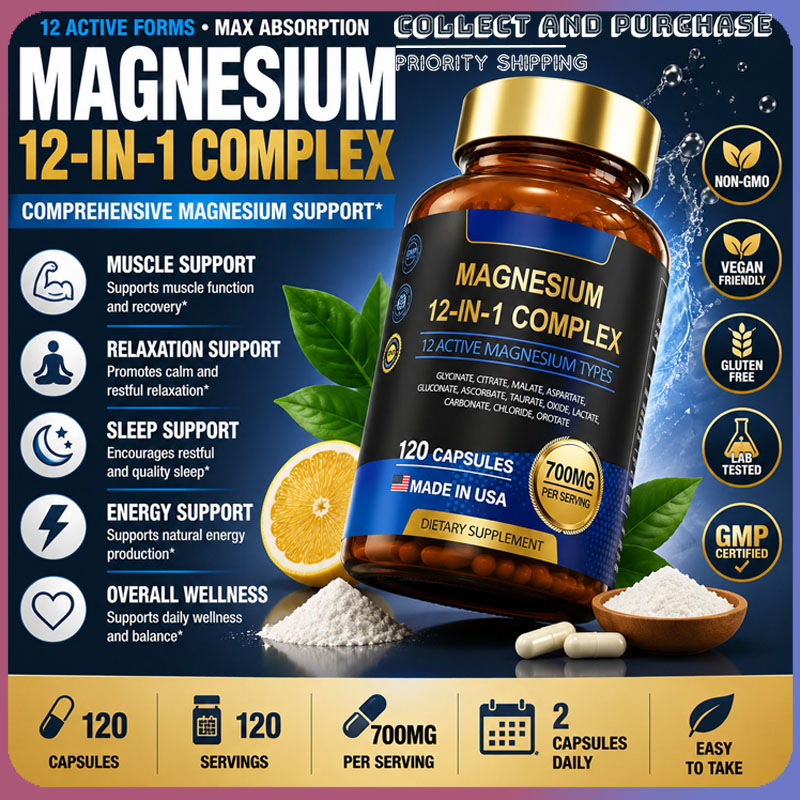 Magnesium Glycinate Capsule - 非遺伝子組み換えマグネシウム複合体 700mg（12種類の活性形態配合）高吸収 120カプセル グルテンフリー ヴィーガンサプリメント 最適な健康のためのサプリメント